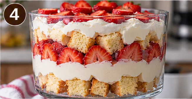Strawberry cheesecake trifle partially layered in a glass trifle bowl