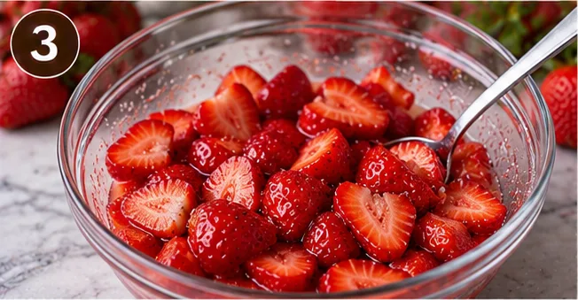 Sliced fresh strawberries in a glass bowl