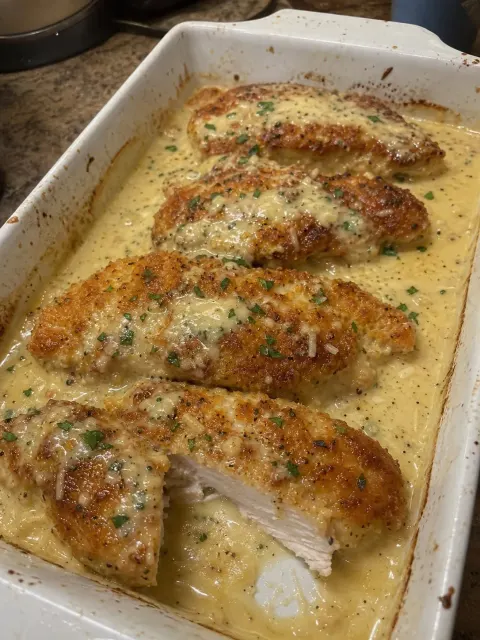Parmesan Crusted Chicken with Creamy Garlic Sauce 🍗🧄🧀