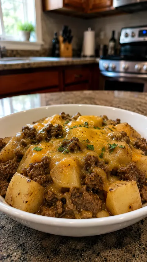 4-Ingredient Slow Cooker Cheesy Beef Potatoes