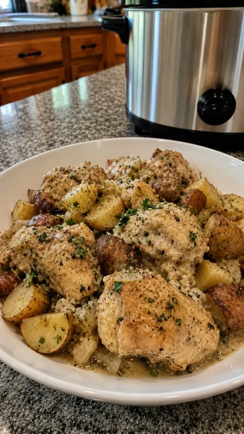 Easy Crockpot Garlic Parmesan Chicken and Potatoes 🧄🧀🥔