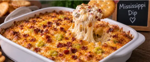 Baked Mississippi dip topped with bacon and pepperoncini, with a cracker pulling up a cheesy bite