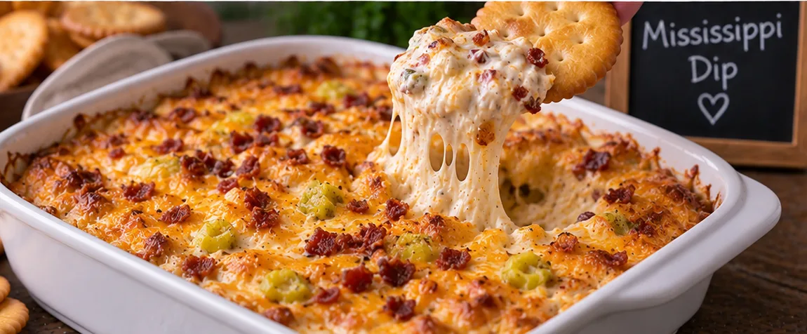 Baked Mississippi dip topped with bacon and pepperoncini, with a cracker pulling up a cheesy bite