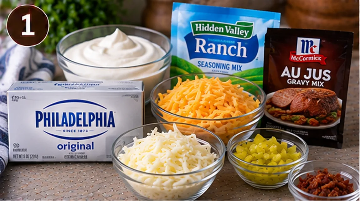 Cream cheese, sour cream, ranch seasoning, au jus gravy mix, bacon, and shredded cheese for Mississippi dip