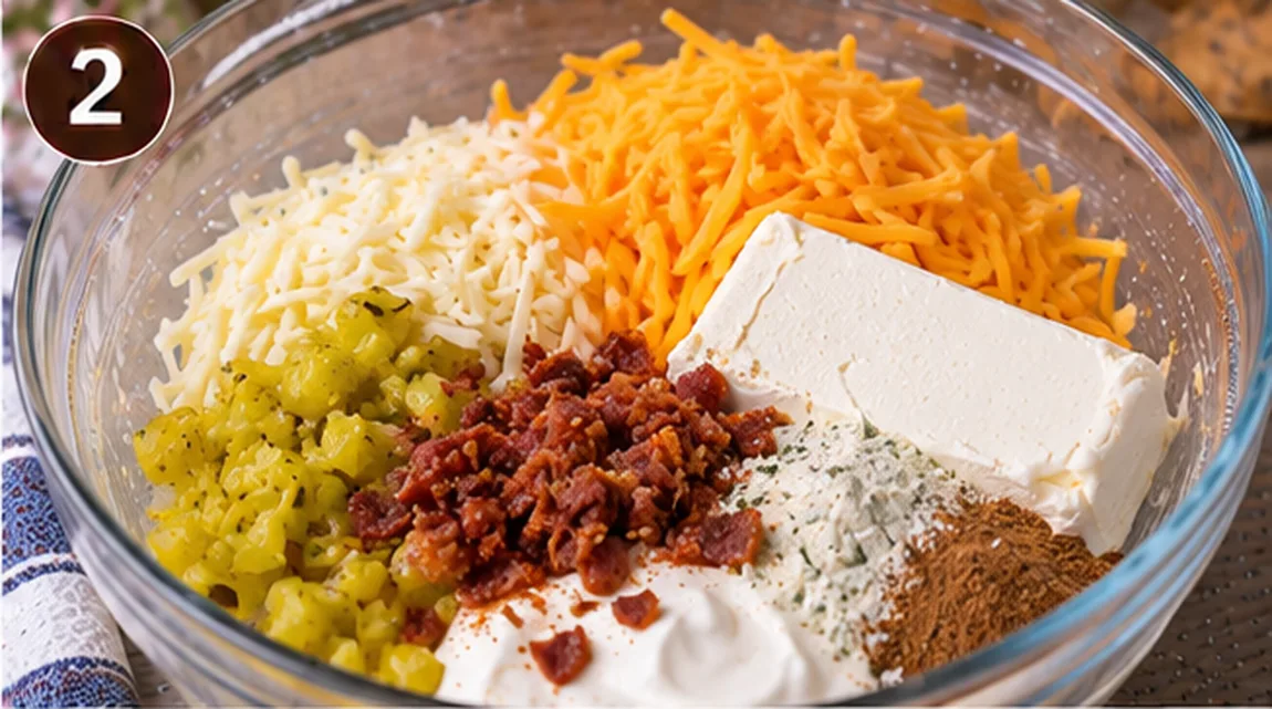 Mississippi dip mixture with bacon and pepperoncini stirred together in a glass bowl