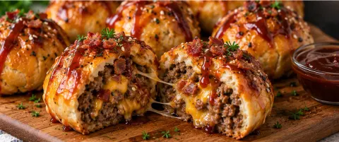 BBQ bacon cheeseburger bombs sliced open showing melted cheese, drizzled with BBQ sauce