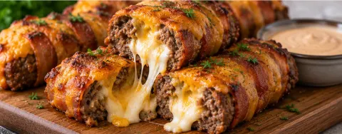 Sliced bacon-wrapped cheeseburger rolls with melted cheese pulling apart, served with dipping sauce