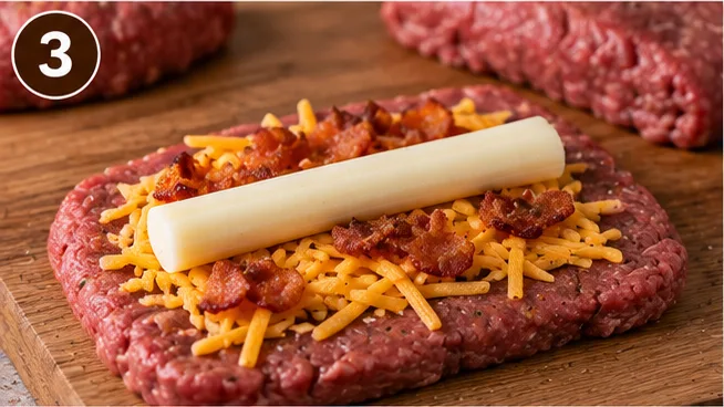 Shredded cheddar, crumbled bacon, and a mozzarella cheese stick on top of a flattened rectangle of raw ground beef
