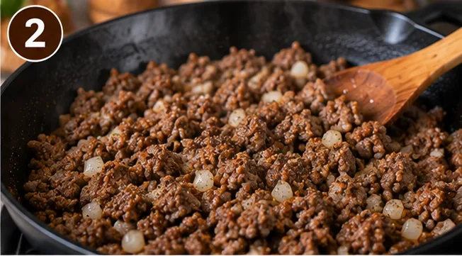 Ground beef and diced onion browning in a cast iron skillet