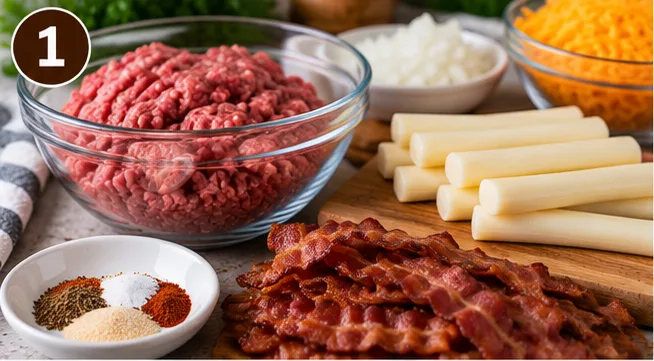 Ground beef, diced onion, shredded cheddar, mozzarella cheese sticks, bacon, and seasonings for bacon-wrapped cheeseburger rolls