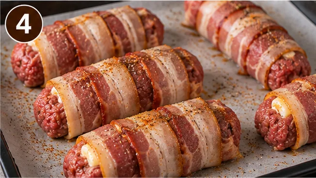 Bacon-wrapped cheeseburger rolls arranged on a baking sheet, ready to bake