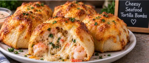 Cheesy seafood tortilla bombs on a plate, one cut open to show the melted, cheesy shrimp and crab filling