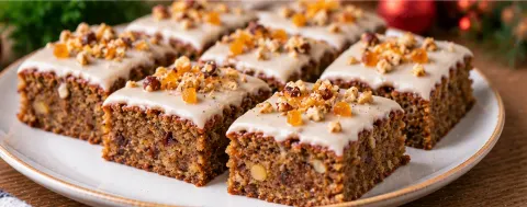 Sliced Lebkuchen bars with glaze, chopped walnuts, and candied fruit on top