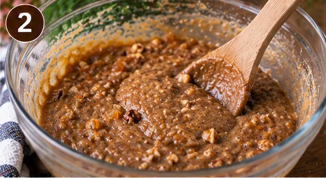 Lebkuchen batter with walnuts and candied fruit mixed in, in a glass bowl