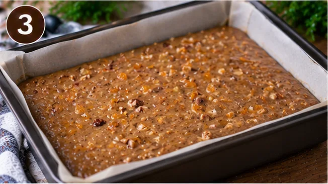 Lebkuchen batter spread evenly in a lined baking pan before baking