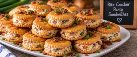 Stacked Ritz cracker party sandwiches filled with a creamy ham and bacon filling, topped with green onion