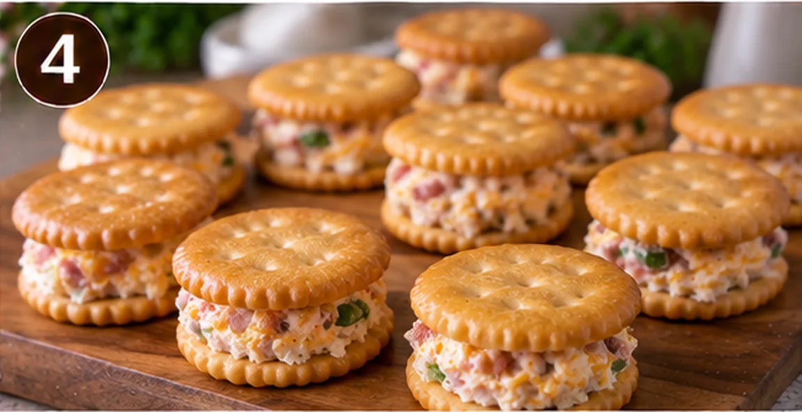 Assembled Ritz cracker sandwiches stacked and topped with bacon and green onion