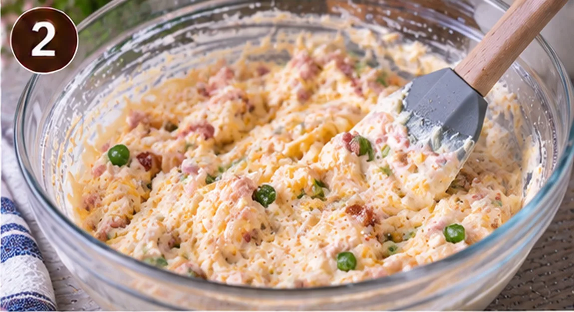 Cream cheese, ham, bacon, and cheddar filling mixed together in a glass bowl