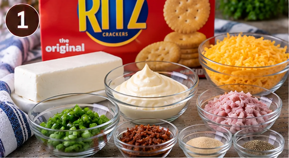 Cream cheese, mayonnaise, diced ham, bacon, cheddar, and Ritz crackers for Ritz cracker party sandwiches