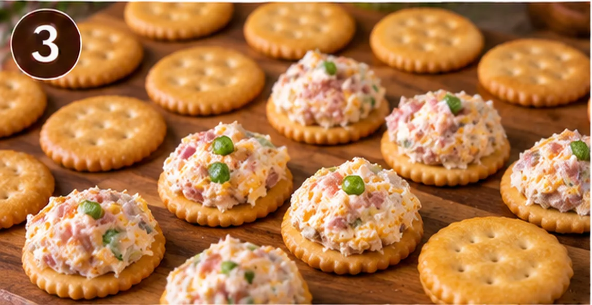 Ritz crackers topped with a dollop of creamy ham and bacon filling before sandwiching
