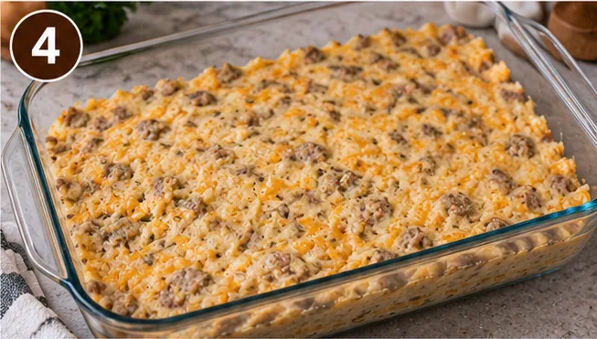 Sausage, cheese, and baking mix mixture pressed into a 9x13-inch pan, ready to bake
