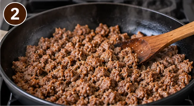 Breakfast sausage browning in a skillet, broken into crumbles with a wooden spoon