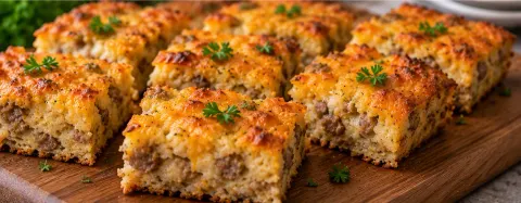 Baked cheesy sausage squares cut and arranged on a wood cutting board