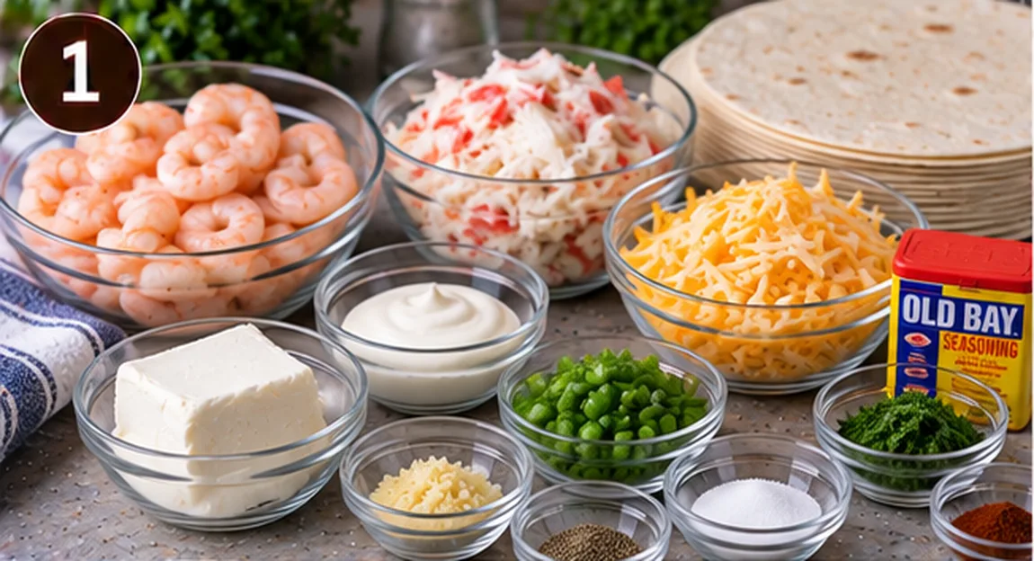 Shrimp, crab, cream cheese, peas, shredded cheese, and tortillas for cheesy seafood tortilla bombs