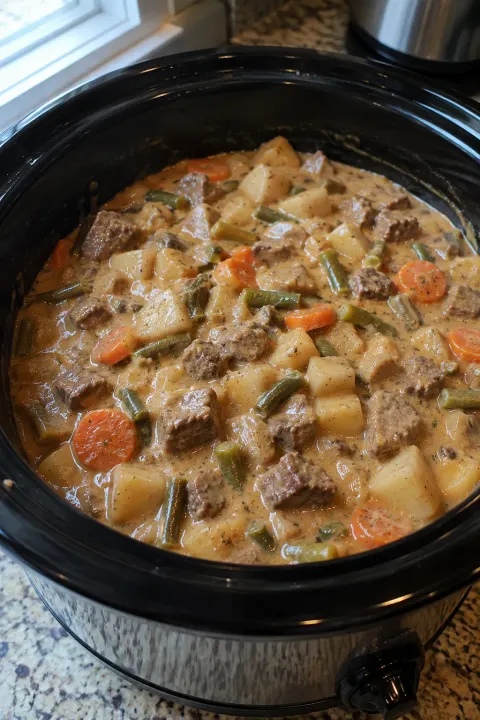 Slow Cooker Creamy Beef & Vegetable Casserole 🥩🥔🥕