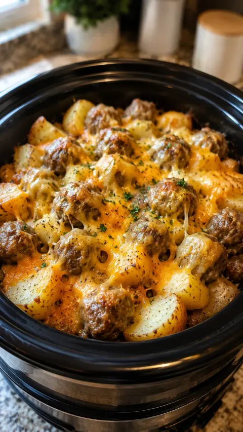 Slow Cooker Cheesy Meatball Potato Bake