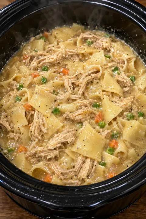 Slow Cooker 4-Ingredient Amish Chicken Pot Pie