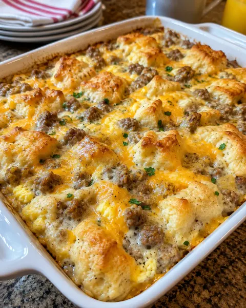 Biscuits and Gravy with Sausage and Egg Breakfast Casserole 🥓🍳🥣