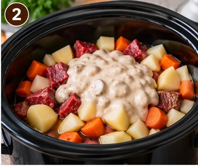 Cream of mushroom soup spooned over raw beef, potatoes, and carrots in a slow cooker before adding broth