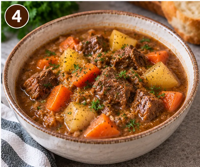 Bowl of finished slow cooker mulligan stew with beef, potatoes, and carrots in a creamy gravy