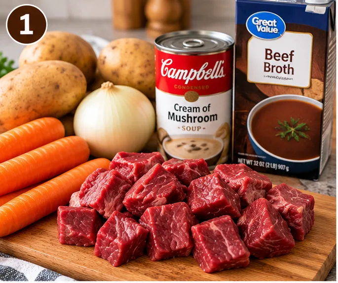 Beef stew meat, potatoes, carrots, onion, cream of mushroom soup, and beef broth for slow cooker mulligan stew