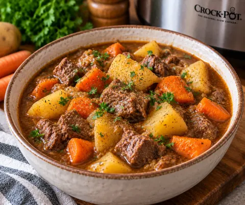 Slow cooker mulligan stew with beef, potatoes, and carrots in a creamy broth