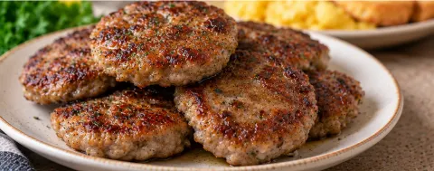 Homemade breakfast sausage patties browned and stacked on a plate
