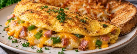 Loaded Denver omelette folded over ham, peppers, and melted cheddar on a plate