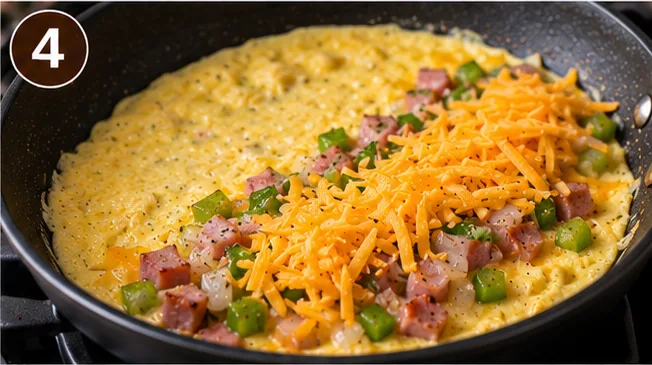 Omelette in a skillet topped with ham, bell pepper, and shredded cheddar before folding
