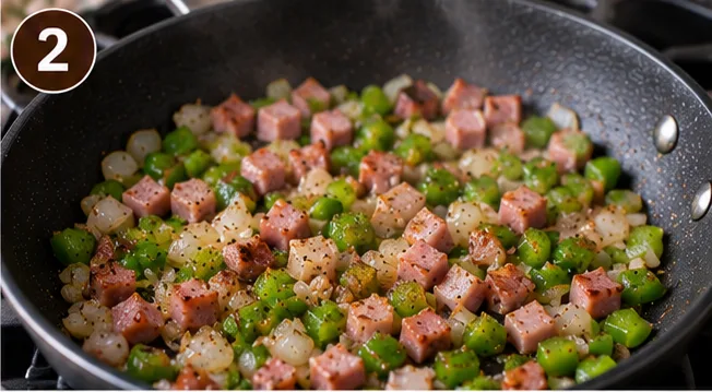 Diced ham, bell pepper, and onion cooking together in a skillet