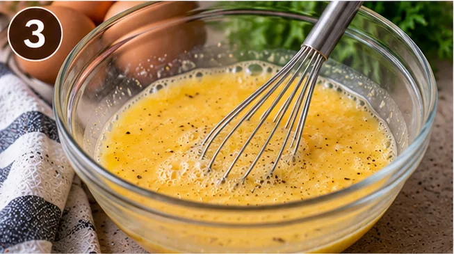 Whisked eggs in a glass bowl