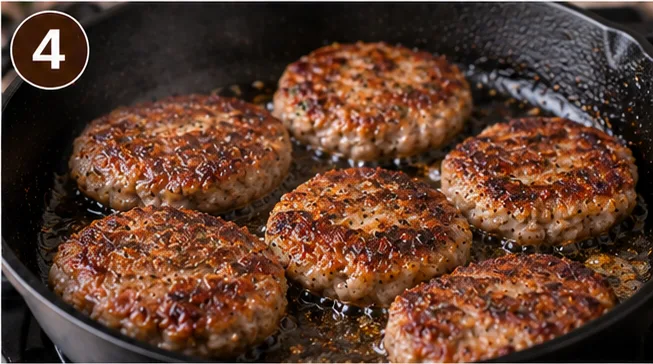 Sausage patties browning in a skillet