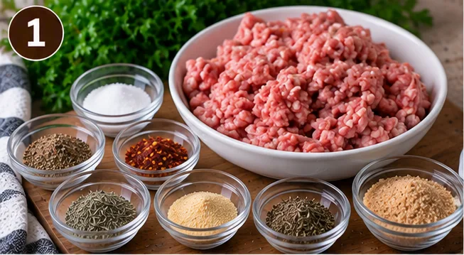 Ground pork and seasonings for homemade breakfast sausage patties