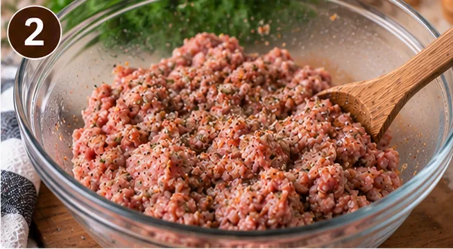 Ground pork mixed with sage, thyme, and seasonings in a glass bowl