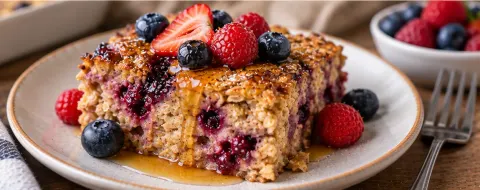 Slice of baked oatmeal with berries on a plate, topped with fresh berries and syrup