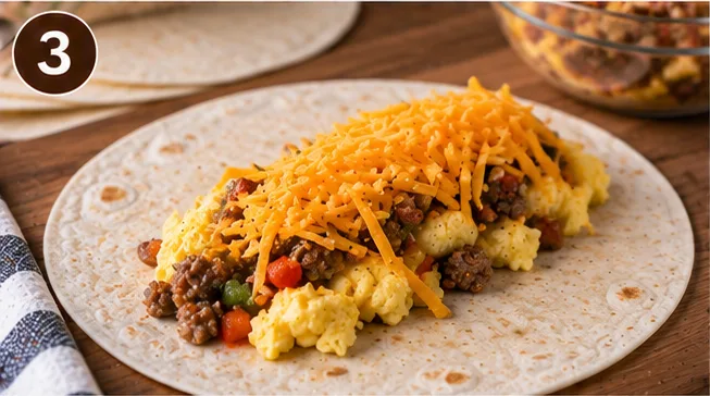 Breakfast burrito filling of eggs, sausage, and cheese laid out on a tortilla