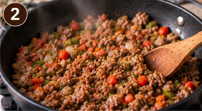 Sausage, bell pepper, and onion cooking together in a skillet