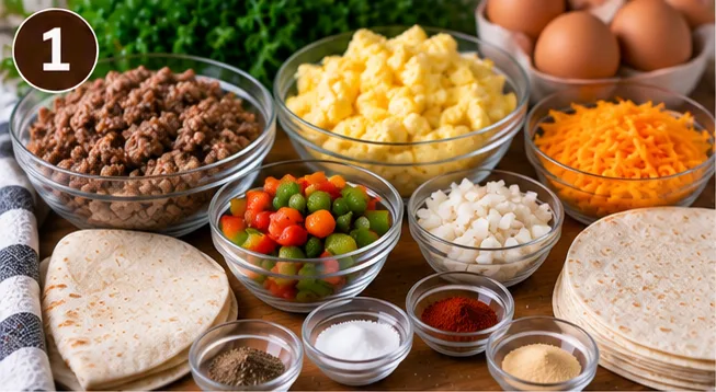 Sausage, scrambled eggs, cheddar, bell pepper, and onion for freezer-friendly breakfast burritos