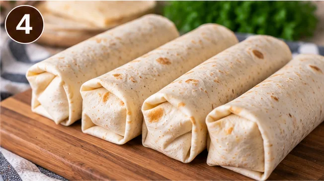 Rolled breakfast burritos ready to be toasted in a skillet
