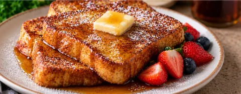 Cinnamon French toast on a plate with butter, maple syrup, and fresh berries